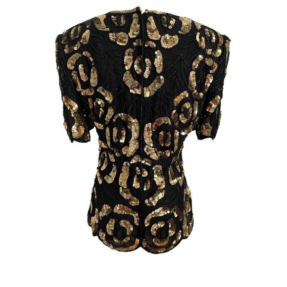 VTG. Stenay Black Gold Beaded‎ Silk Top S Sequin Evening Cocktail Blouse Glam - Picture 4 of 11